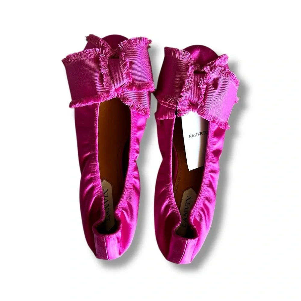 Lanvin Fuchsia Pink Satin Bow Ballet Flats Shoes Made in Italy Size 40 US 9